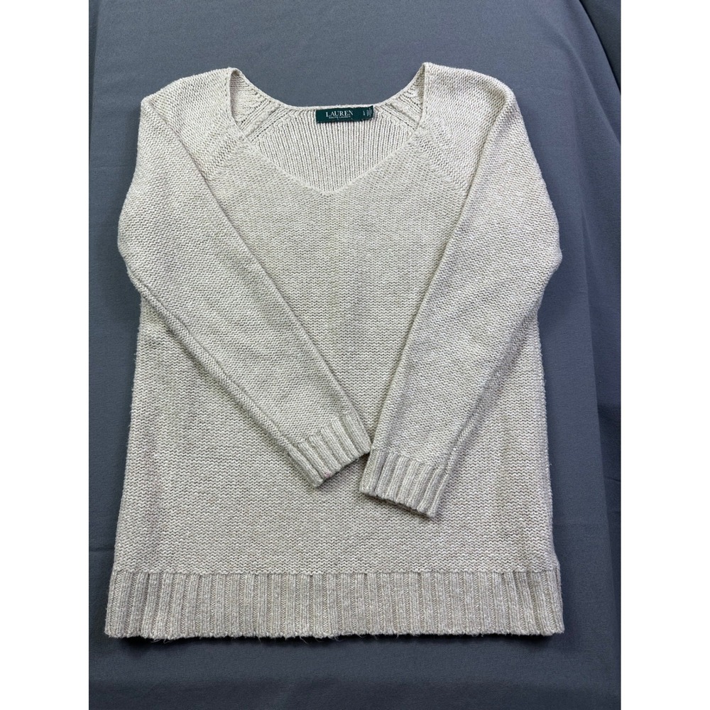 Lauren Ralph Lauren Beige Oatmeal V-Neck Raglan‎ Knit Sweater Women's Large LG